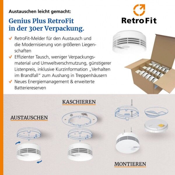 Rauchmelder Hekatron Genius Plus, RetroFit 30er-Montagepack